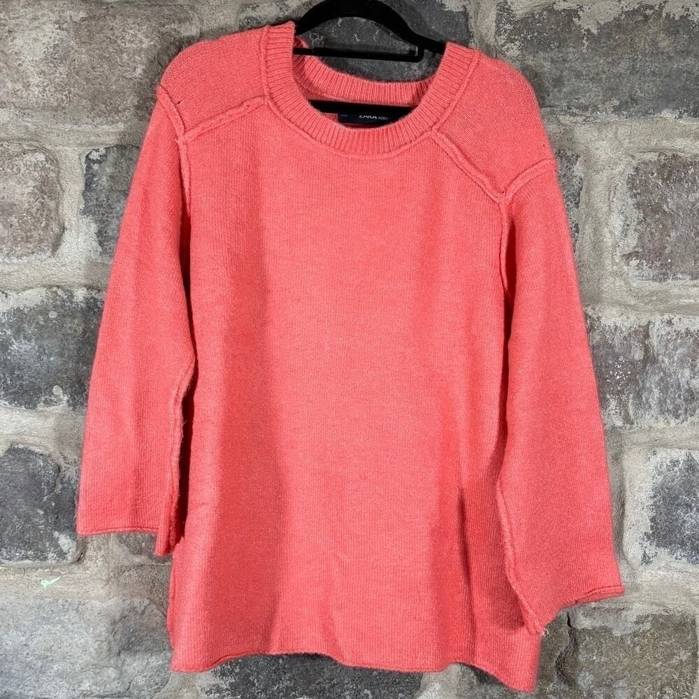 Zara Knit Women‎ Coral Pink Oversized Crewneck Sweater Exposed Seams Small